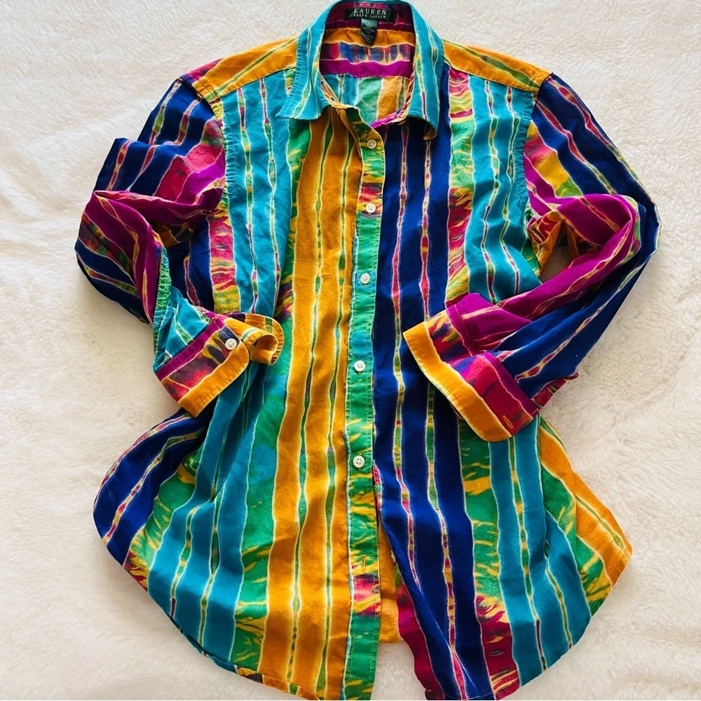 Vintage Lauren Ralph Lauren Multicolor Striped Button-Up Shirt Size L. - Picture 1 of 8